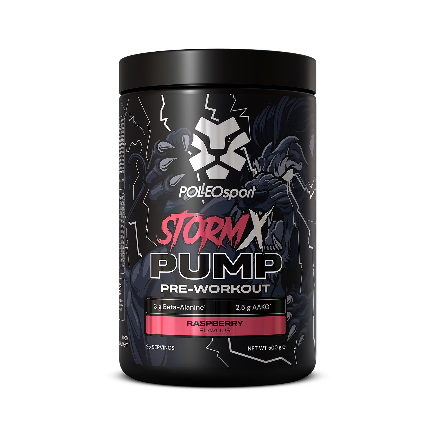 Schwarze Dose mit "PolleoSport StormX PUMP Pre-Workout". Himbeergeschmack. Enthält Beta-Alanin und AAKG. 25 Portionen, 500g.