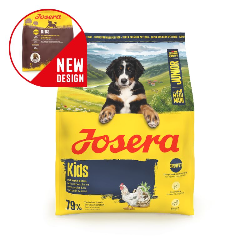 Josera Kids Hundefutter-Sack, neues Design. Berner Sennenhund-Welpenmotiv, Hühnerabbildung. Fokus auf Wachstum und gesunde Knochen.