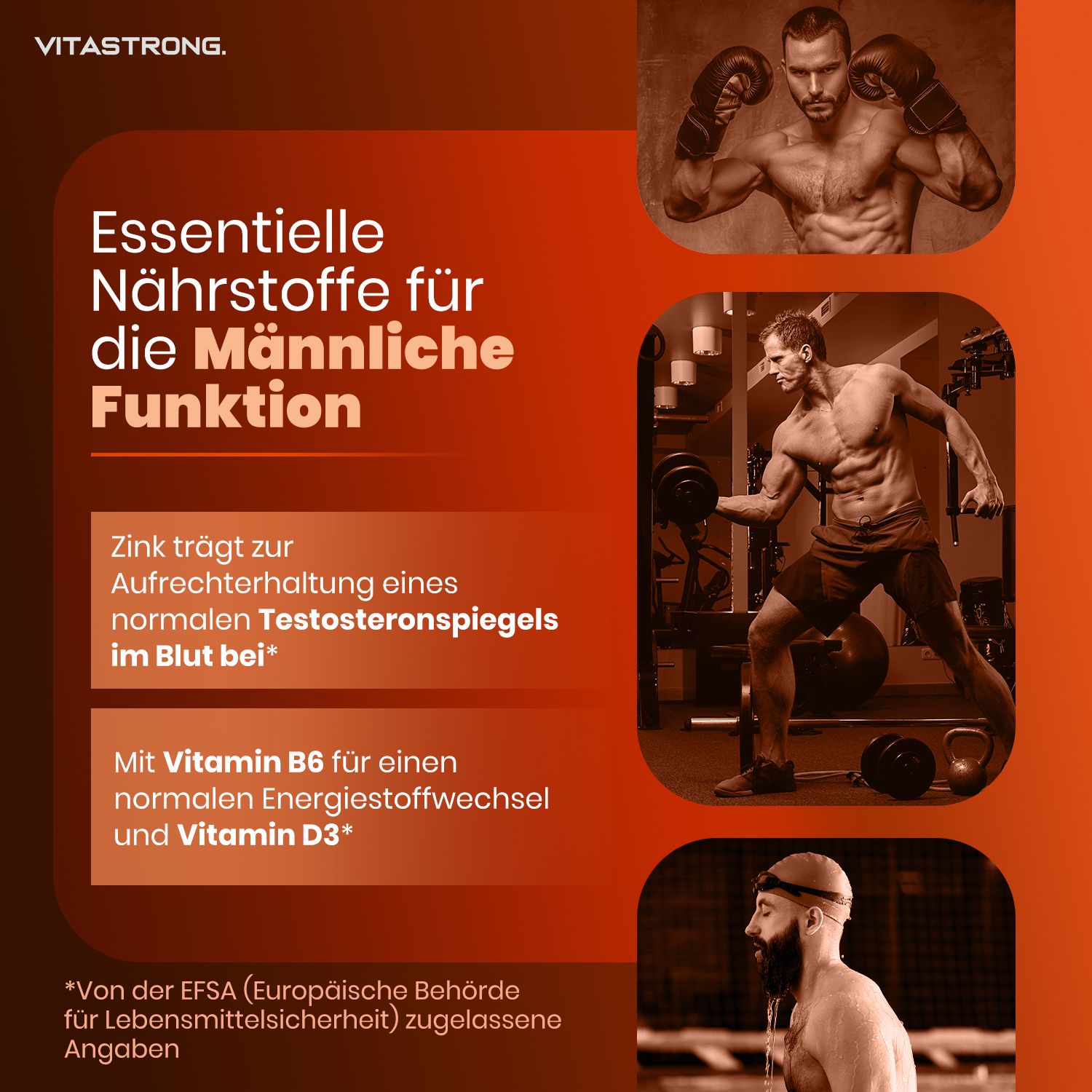 Vitastrong Prosta Pro. Bilder von Männern beim Sport. Text: Essentielle Nährstoffe für die männliche Funktion.