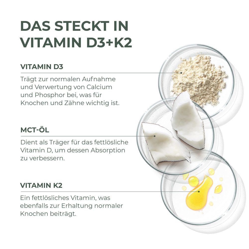 Drei Schalen mit Inhaltsstoffen: Vitamin D3, Kokosnuss, Vitamin K2. Text: Vitamin D3, MCT-Öl, Vitamin K2.