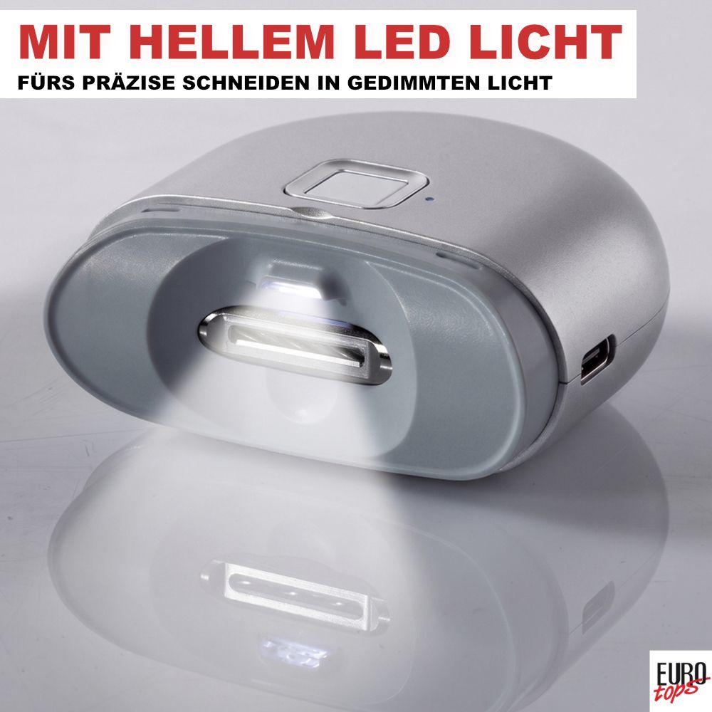 Elektrischer Nagelschneider in Silber mit integriertem LED-Licht.