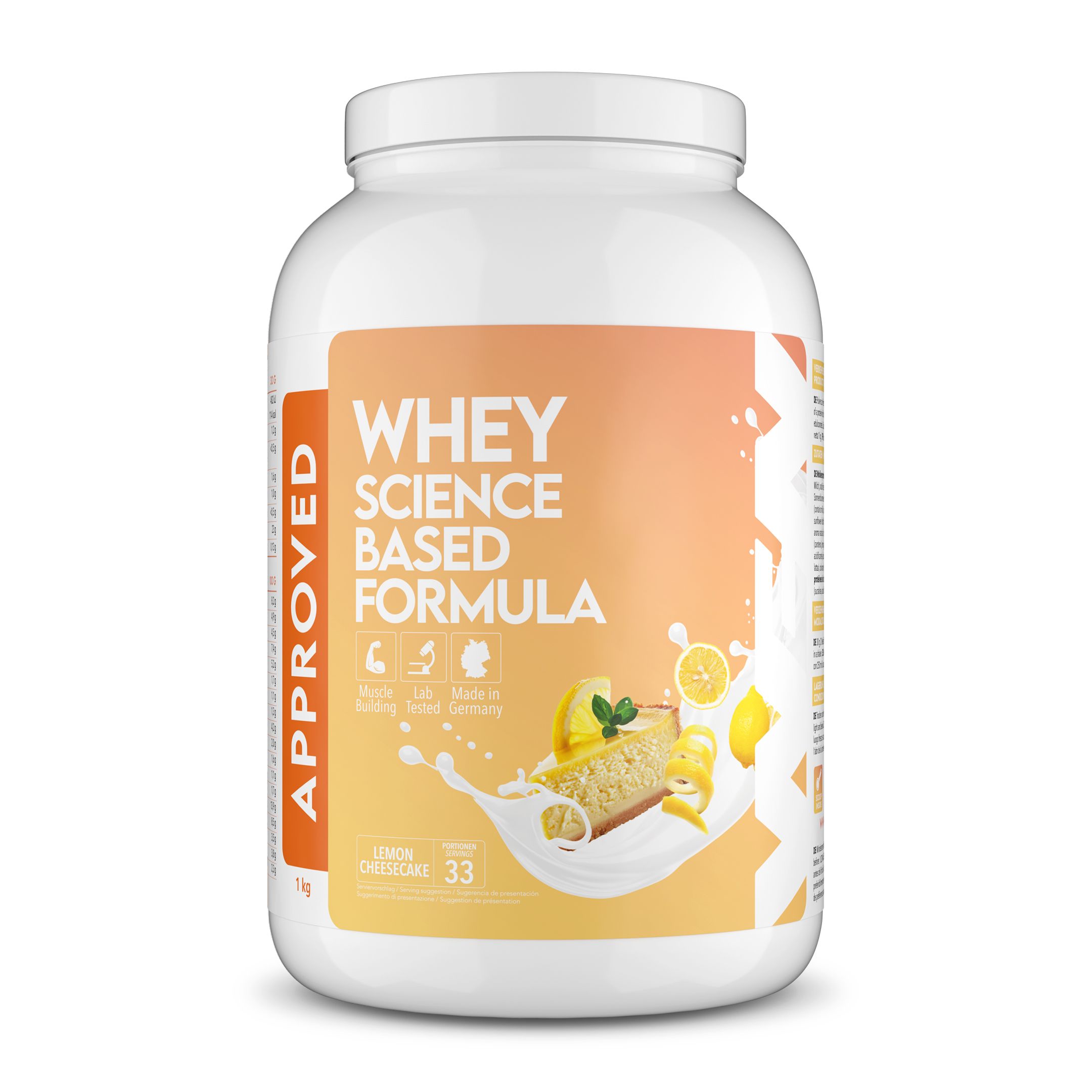 Weiße Dose "APPROVED WHEY". Aufschrift "WHEY SCIENCE BASED FORMULA". Zitrone-Käsekuchen-Geschmack. 33 Portionen.