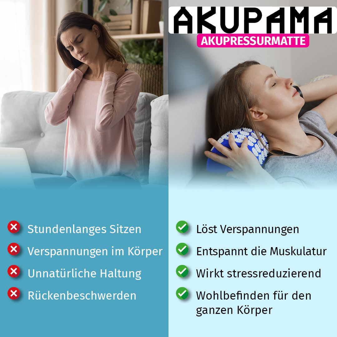 Zwei Bilder. Links: Frau mit Nackenschmerzen. Rechts: Frau mit Akupressur-Kissen am Nacken. Text: Akupama Akupressurmatte. Vorteile vs. Nachteile.