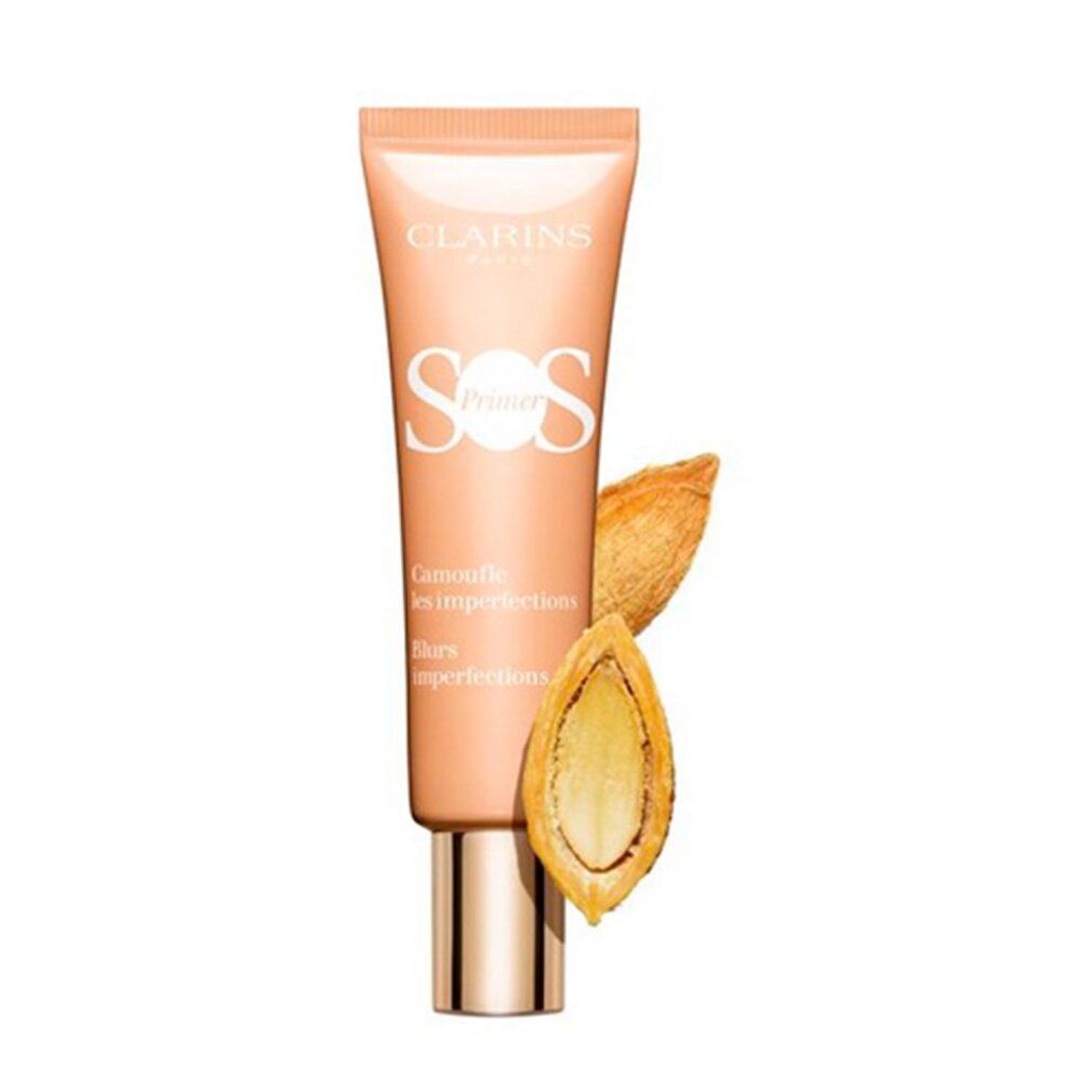 Tube CLARINS SOS Primer Peach mit Mandeln. Text: Camoufle les imperfections, blurs imperfections.