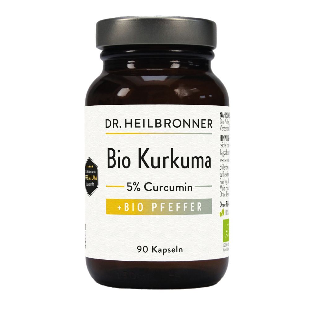 Braune Glasflasche mit Kapseln. Aufschrift: Bio Kurkuma, 5% Curcumin, Bio Pfeffer. 90 Kapseln. Siegel.