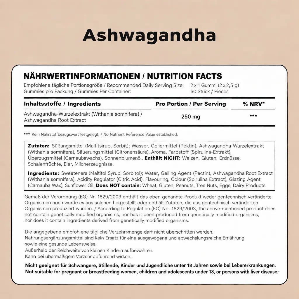 Verpackung von Ashwagandha Gummibärchen, Nährwertangaben und Inhaltsstoffe.