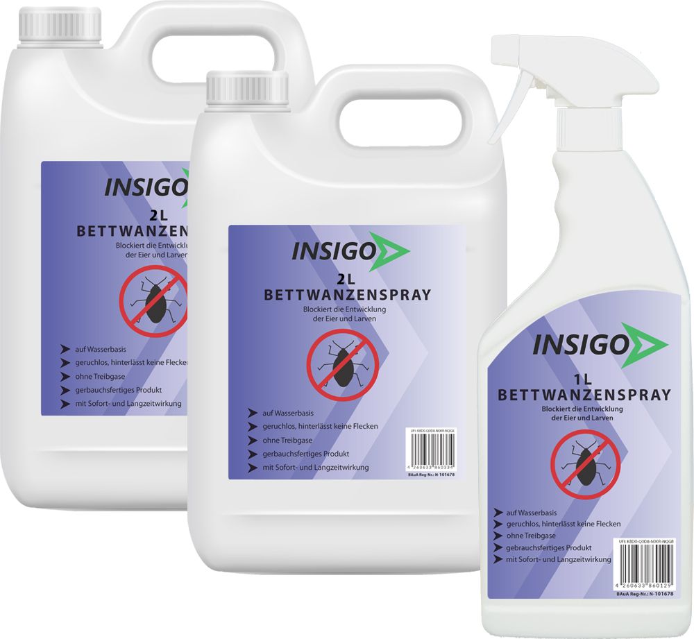 Drei weiße Behälter. Zwei 2L-Kanister und eine 1L-Sprühflasche. Aufdruck: INSIGO Bettwanzenspray, Abbildung einer Bettwanze.