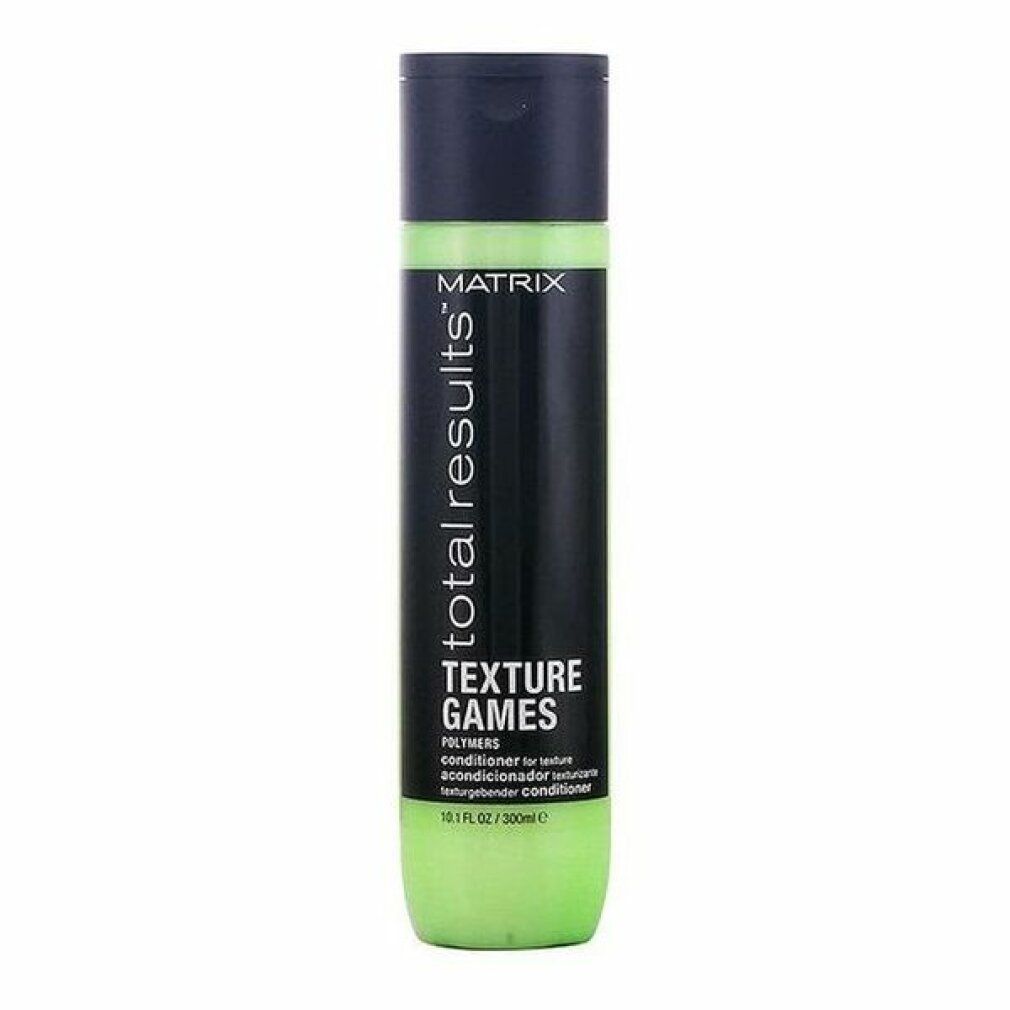 Grüne Flasche mit schwarzem Deckel. Aufschrift: Matrix Total Results Texture Games Conditioner.
