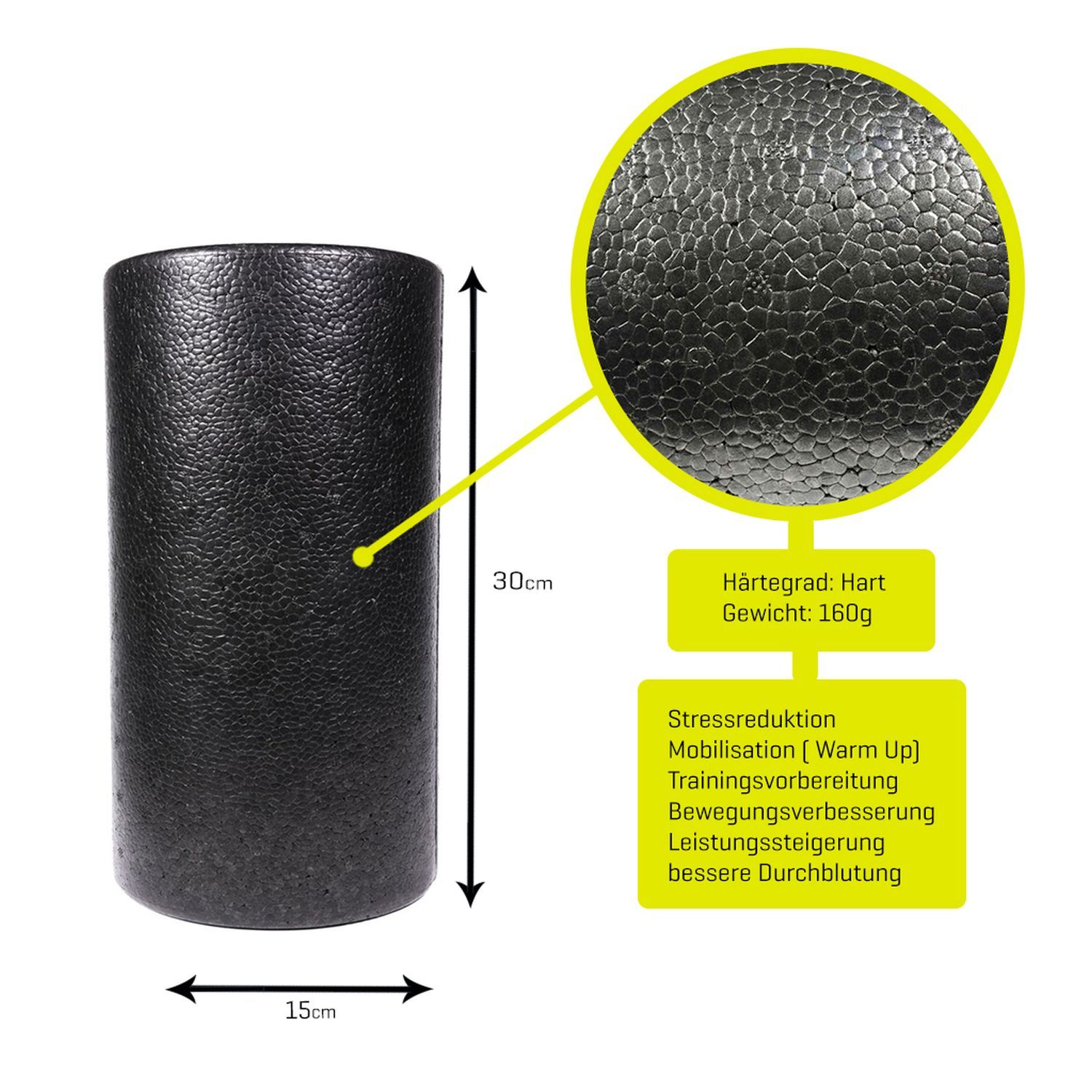 Schwarze Faszienrolle mit Maßen. 30cm hoch, 15cm Durchmesser. Text: Härtegrad: Hart, Gewicht: 160g.