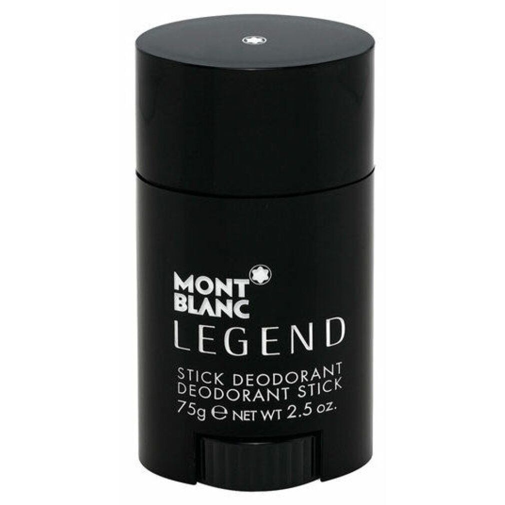 Schwarzer Montblanc Legend Deodorant Stick. Produktname und Logo sichtbar. Gewicht: 75g. Schwarzer Boden.