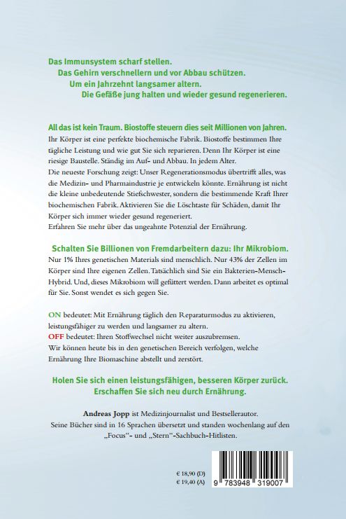 Buchrückseite: Text über Ernährung und Gesundheit. Autor, Preis, ISBN-Code. Verlag: Spiegel.