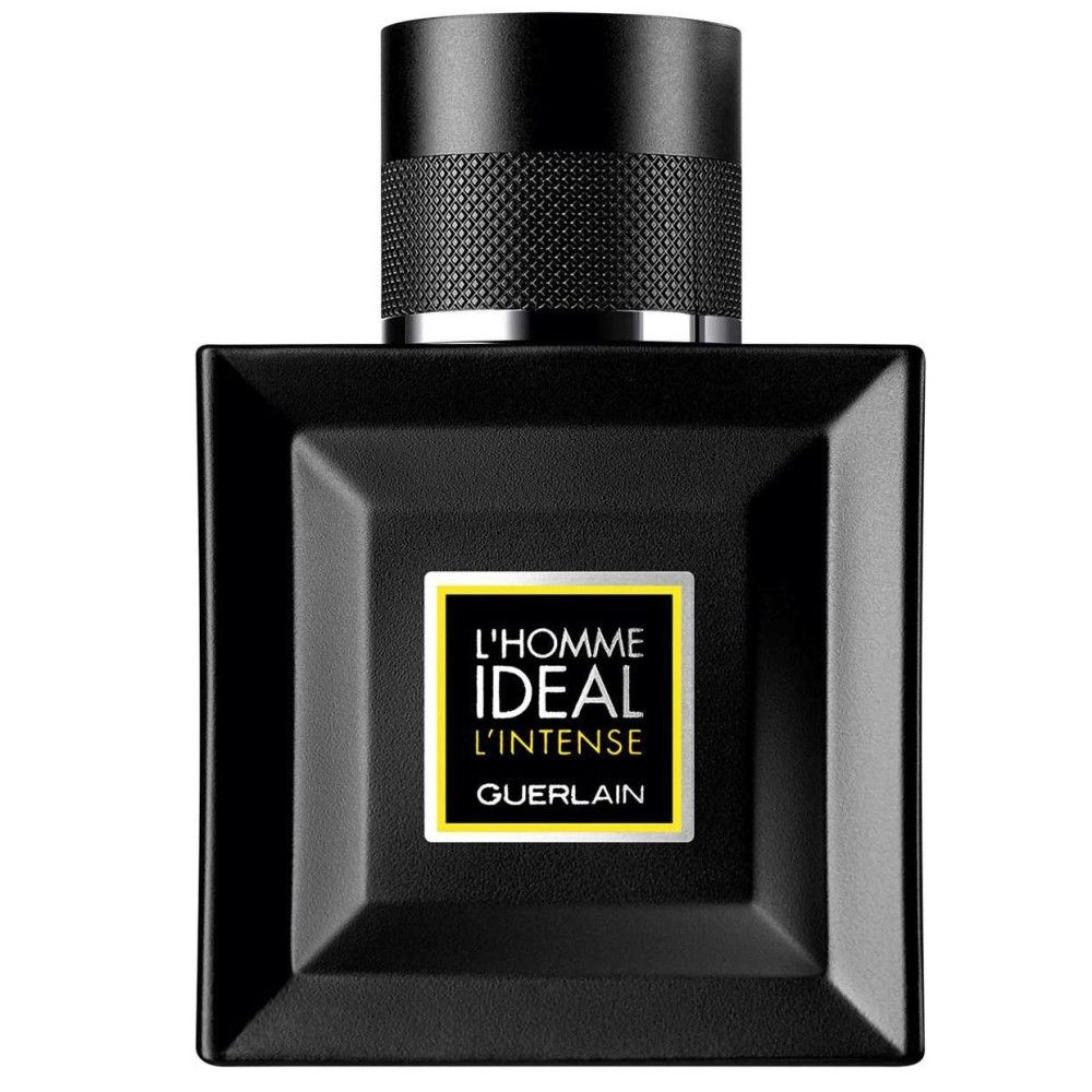 Schwarzer Flakon mit schwarzem Deckel. Aufschrift: L'Homme Ideal L'Intense, Guerlain. Quadratische Form mit goldenem Etikett.