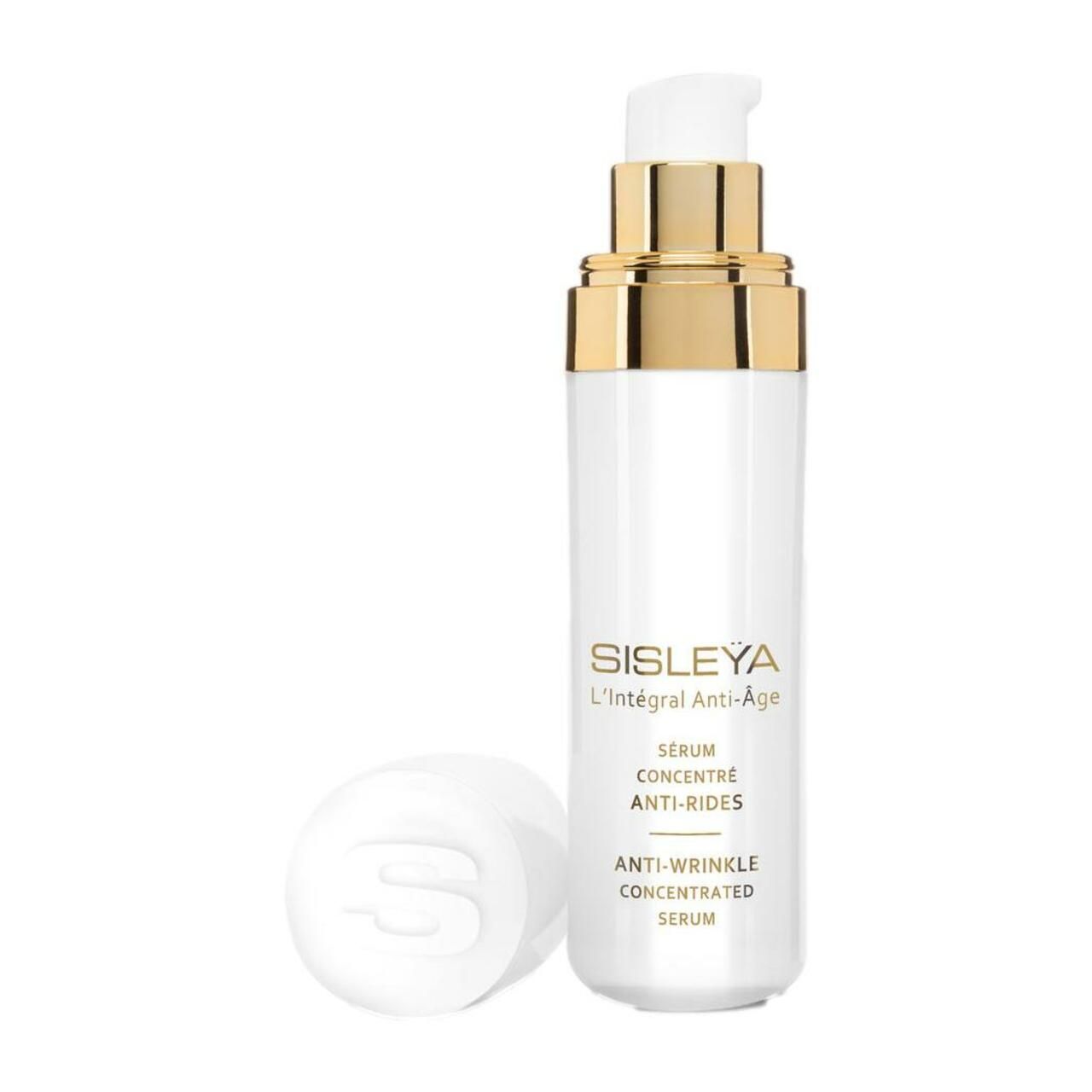 Weißes Serum mit goldfarbenem Applikator. Produktname und Schriftzug sind sichtbar. Deckel daneben.