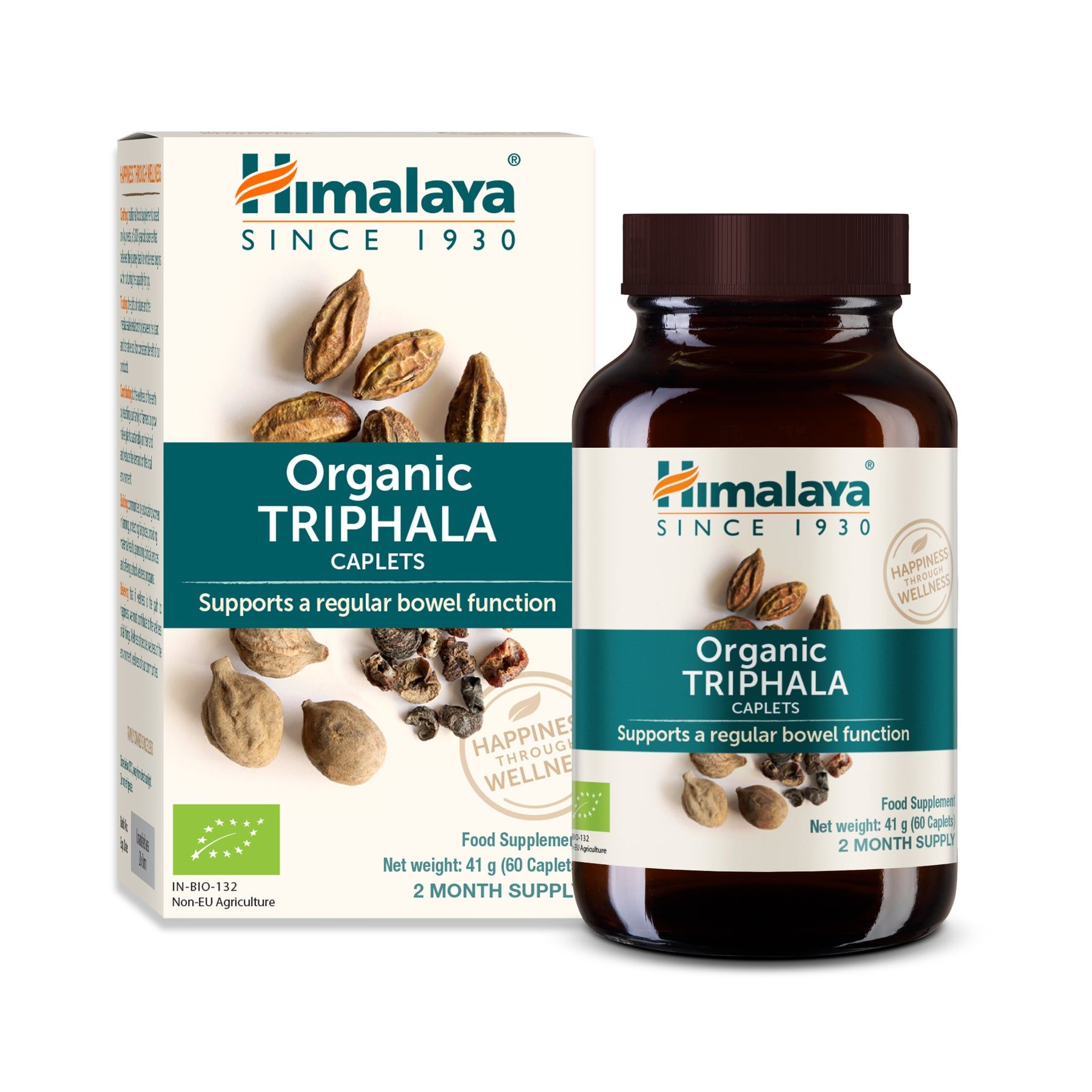 Himalaya Bio Triphala. Produktverpackung und Flasche. Aufschrift: Organic Triphala Caplets. Unterstützt die regelmäßige Darmfunktion.