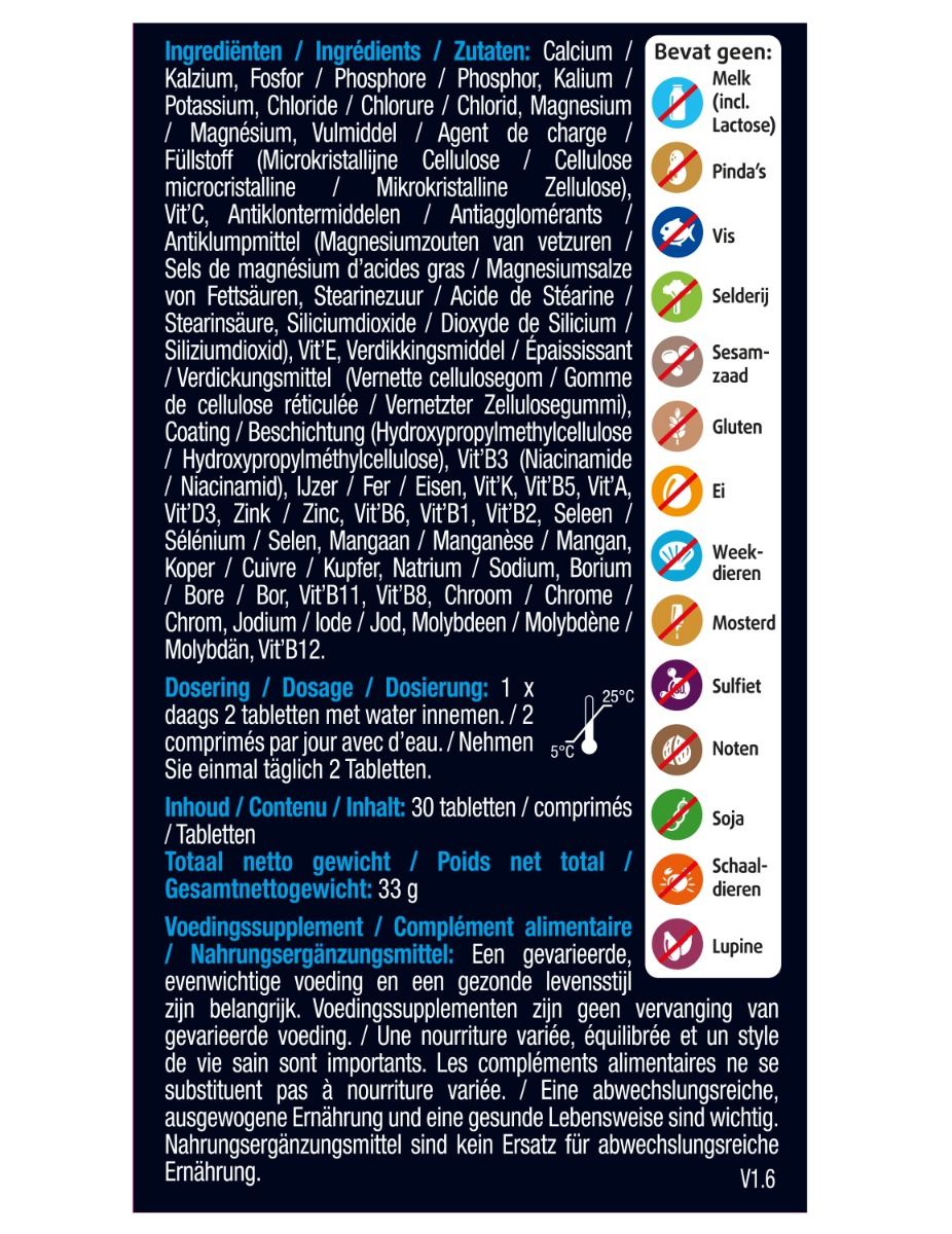 Rückseite der Verpackung von Lucovitaal Magnesium, Vitaminen & Mineralien Compleet. Enthält eine Liste der Inhaltsstoffe und Warnhinweise.