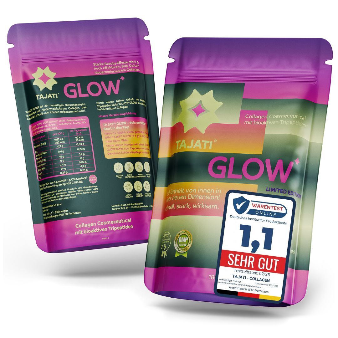 Zwei Beutel. Text: TAJATI® Glow. Limited Edition. Zertifizierung: Sehr gut. Collagen Cosmeceutical mit bioaktiven Tripeptiden.