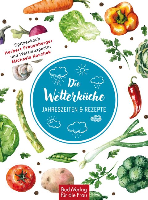 Buchcover mit dem Titel "Die Wetterküche". Illustrationen von Gemüse und Wetterelementen. Autoren: Herbert Frauenberger, Michaela Koschak.