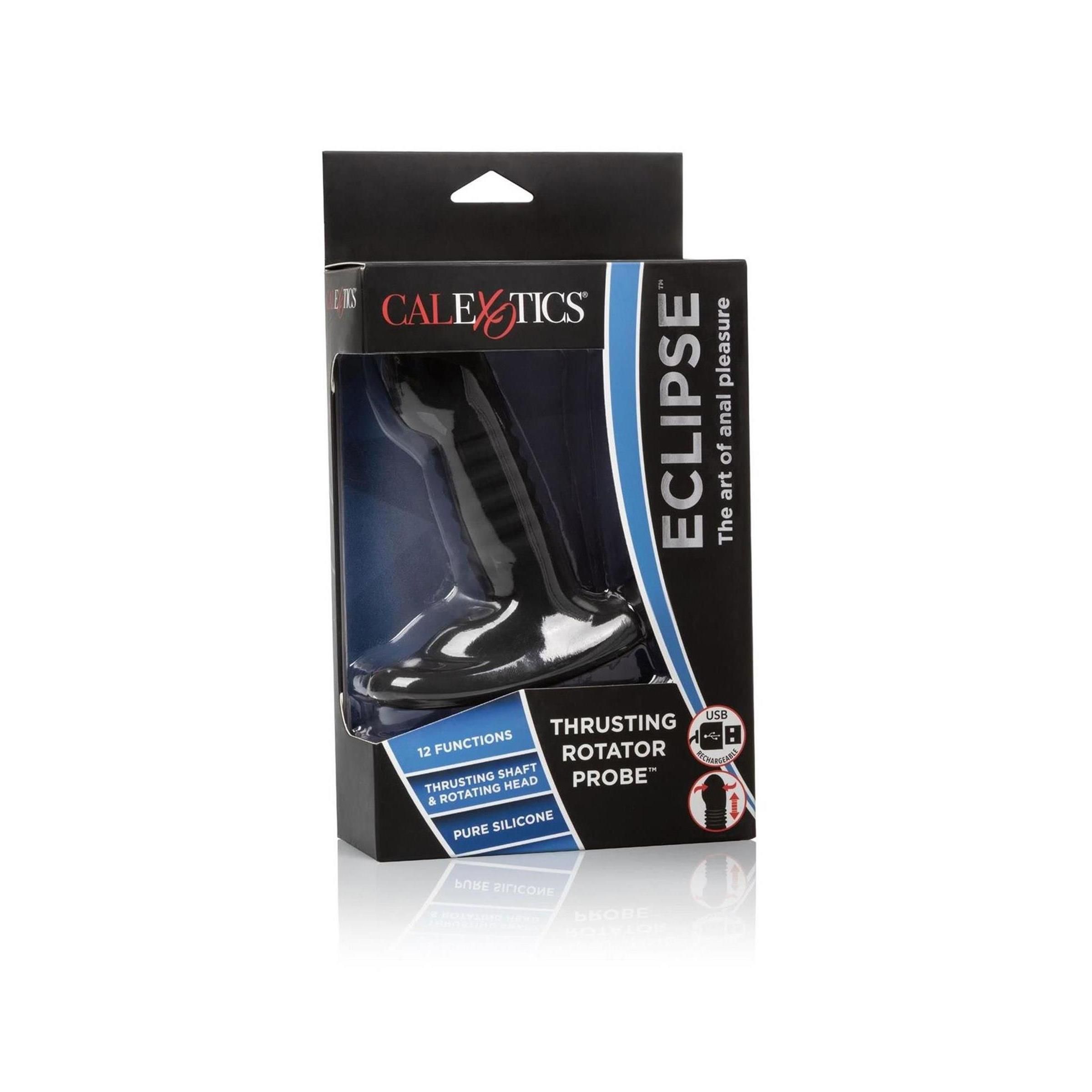 Schwarzes Wellness-Produkt in Verpackung. Marke CalExotics, Modell Eclipse Thrusting Probe. Sichtbare Produktmerkmale.