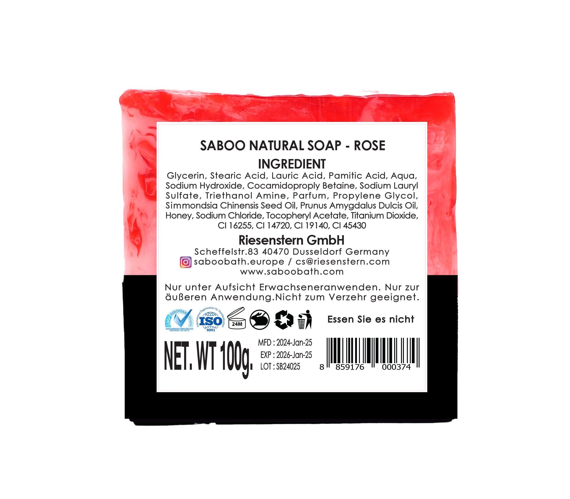 Saboo Naturseife MP – Rose. Rückseite der Seife mit Inhaltsstoffen und Informationen. ISO-Zertifizierung.