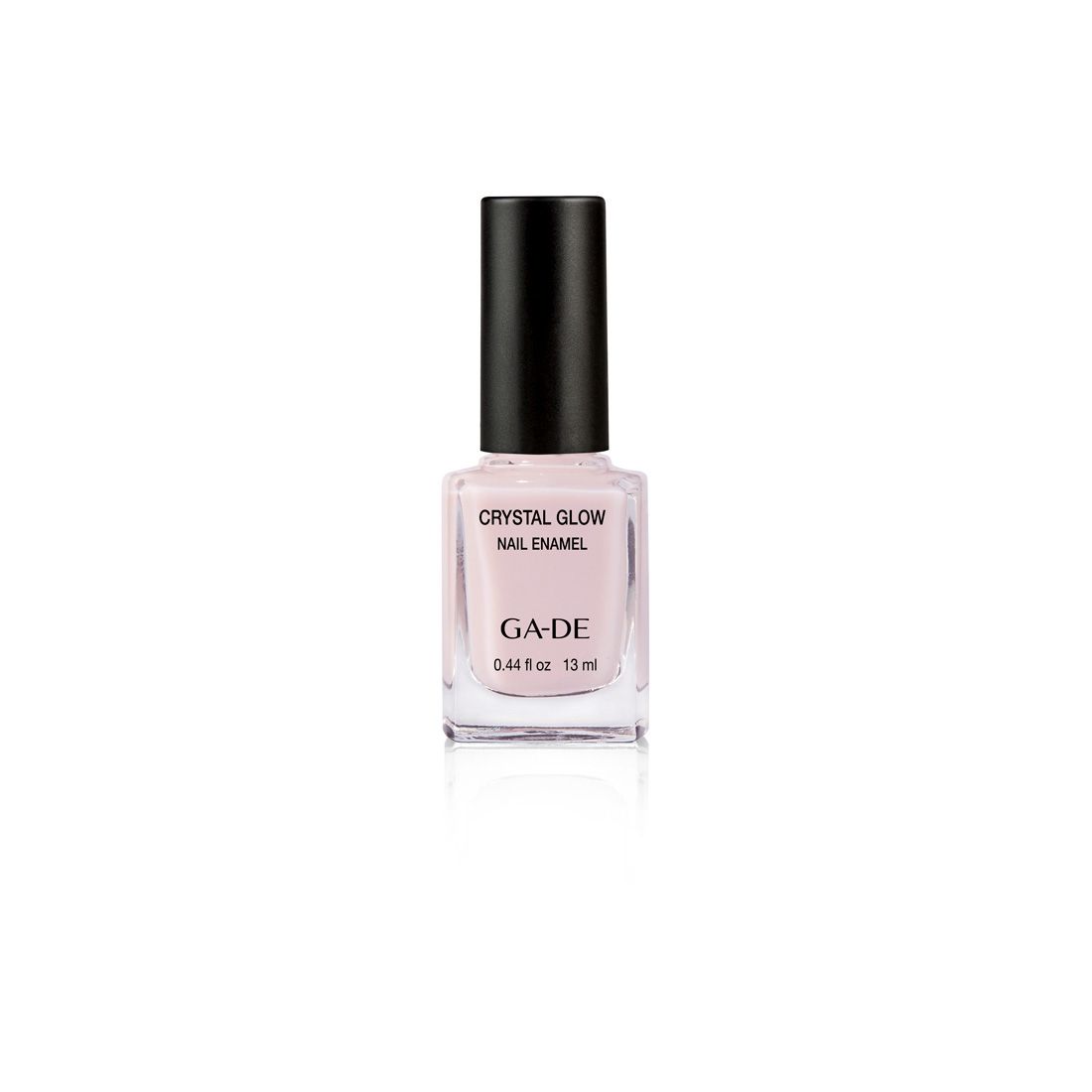 Ga-De Crystal Glow Nagellack, rosa, in quadratischer Glasflasche mit schwarzem Deckel. Aufschrift: Crystal Glow Nail Enamel.