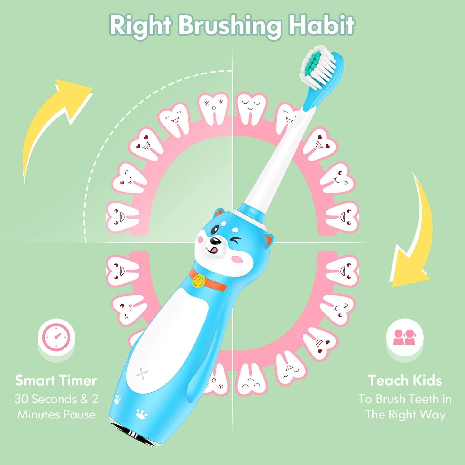 Blaue elektrische Zahnbürste mit Illustrationen. Text: Richtige Putzgewohnheit, Smart Timer, Kinder unterrichten.