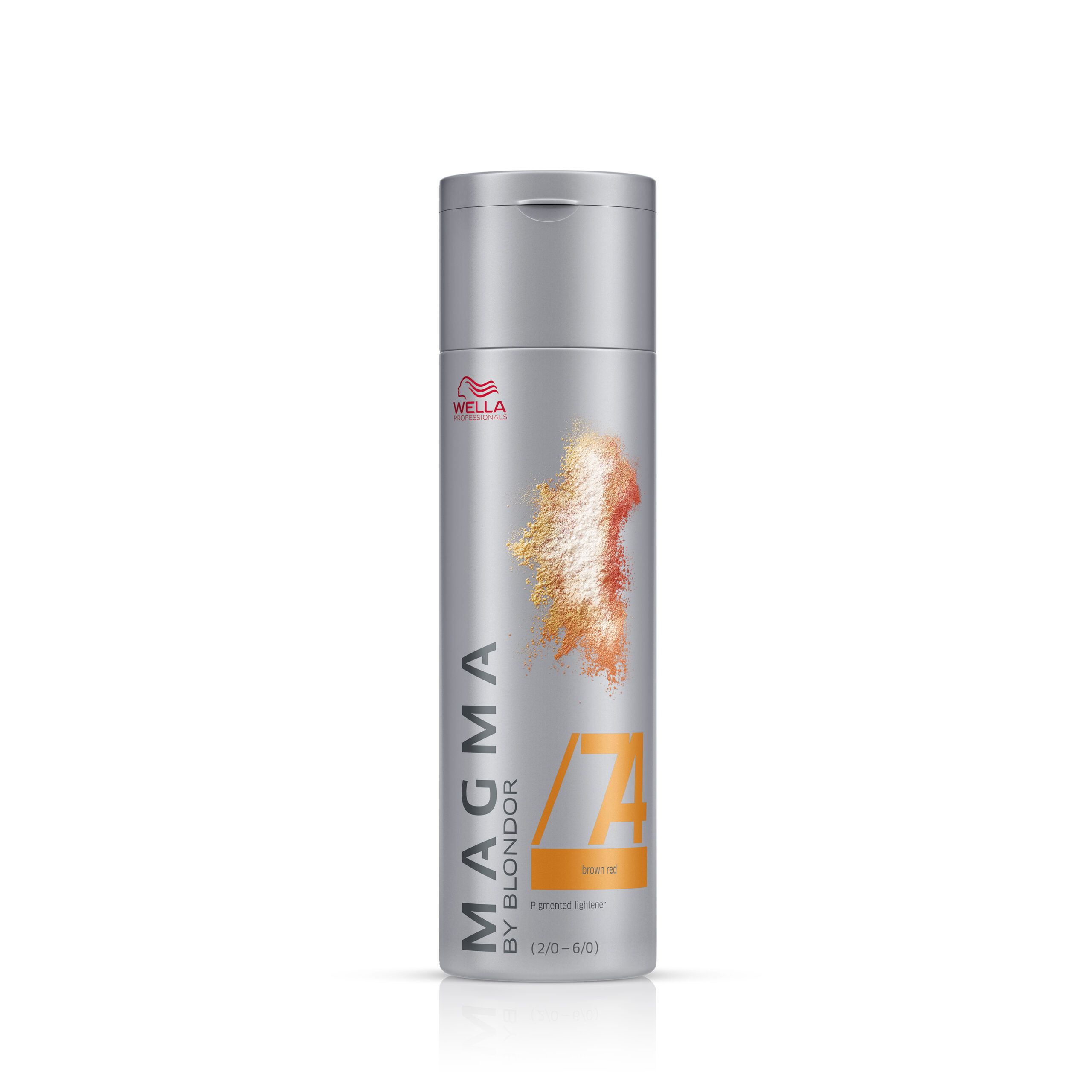 Silberne Flasche mit Wella-Logo und Produktbezeichnung Magma. Farbige Darstellung von Blondor Magma /74 Braun Rot.