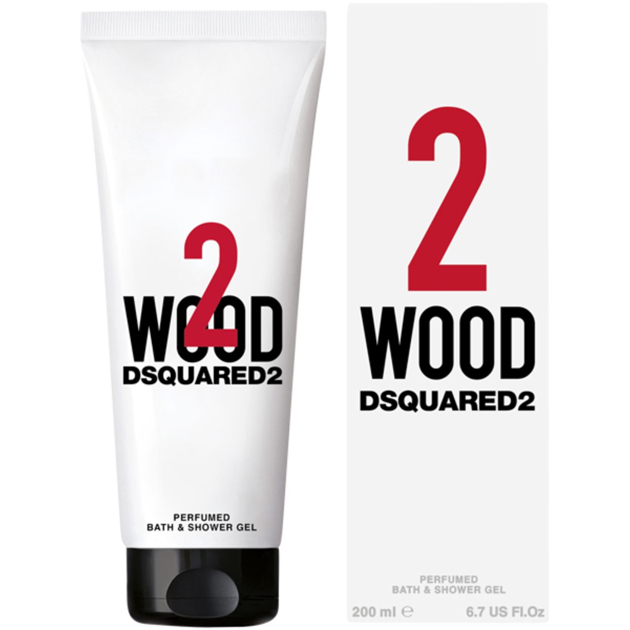Weiße Tube und Verpackung. Roter "2 WOOD" Schriftzug. "DSQUARED2" darunter. "PERFUMED BATH & SHOWER GEL" und Volumenangabe.