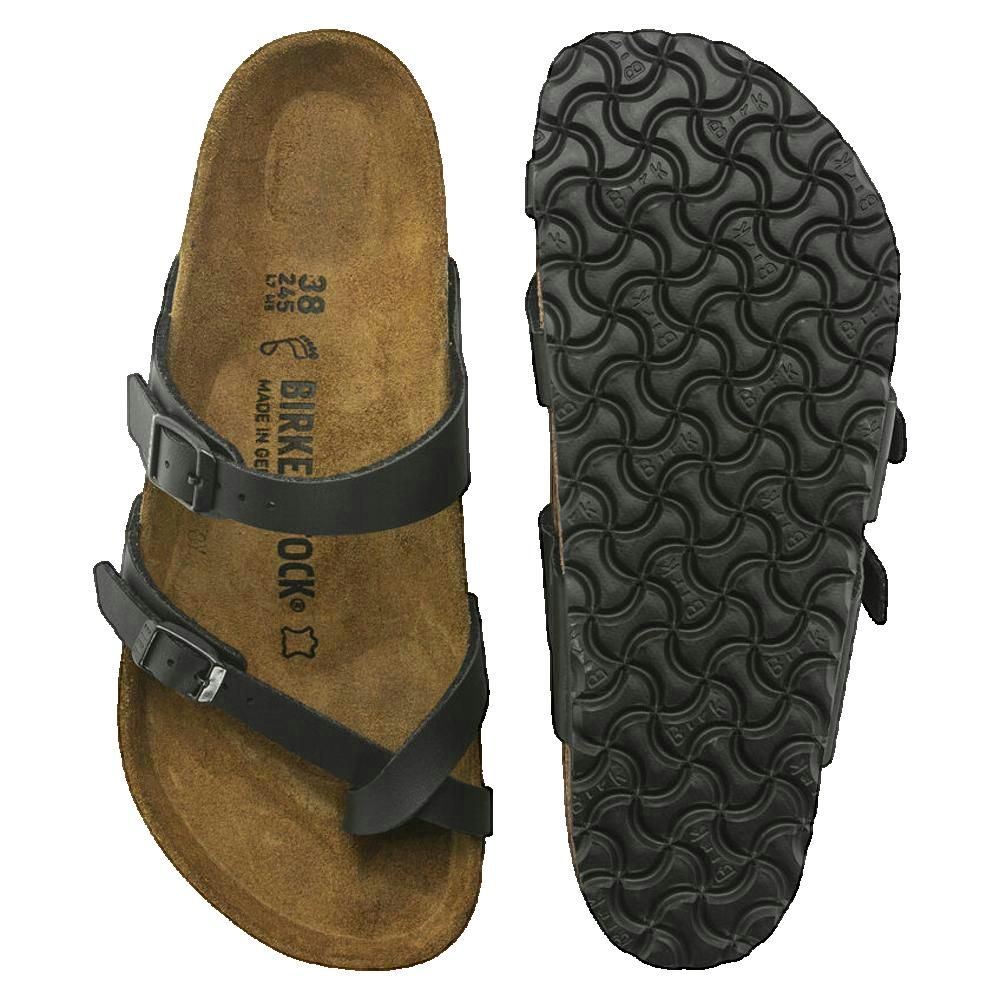 Sandalo nero, sopra e sotto. Plantare in sughero, suola scolpita. Marchio Birkenstock.