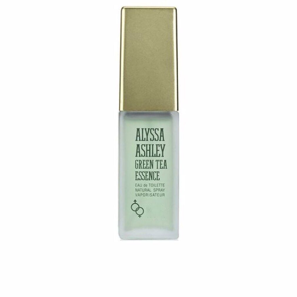 Alyssa Ashley Green Tea Essence Eau de Toilette Spray. Grünliche Flasche mit goldener Kappe. Text: Alyssa Ashley, Green Tea Essence.