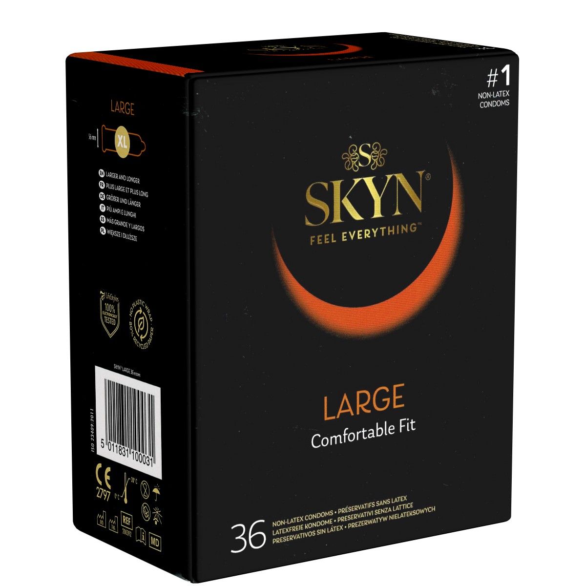 Schwarze Verpackung mit SKYN-Logo und Schriftzug "LARGE Comfortable Fit". Enthält 36 Kondome. #1 Non-Latex Kondome.
