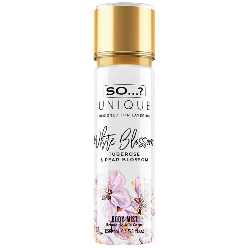 Körpernebel-Flasche mit goldener Kappe. Aufschrift: So...? Unique, White Blossom. Mit Blütenmuster und Text.