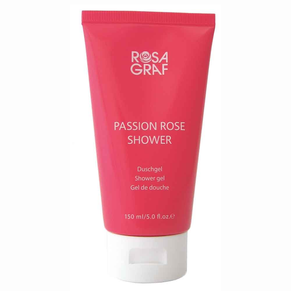 Rosa Graf Passion Rose Duschgel. Rosa Tube mit weißem Verschluss. Produktname und Marke in Weiß. Text in Deutsch, Englisch und Französisch.