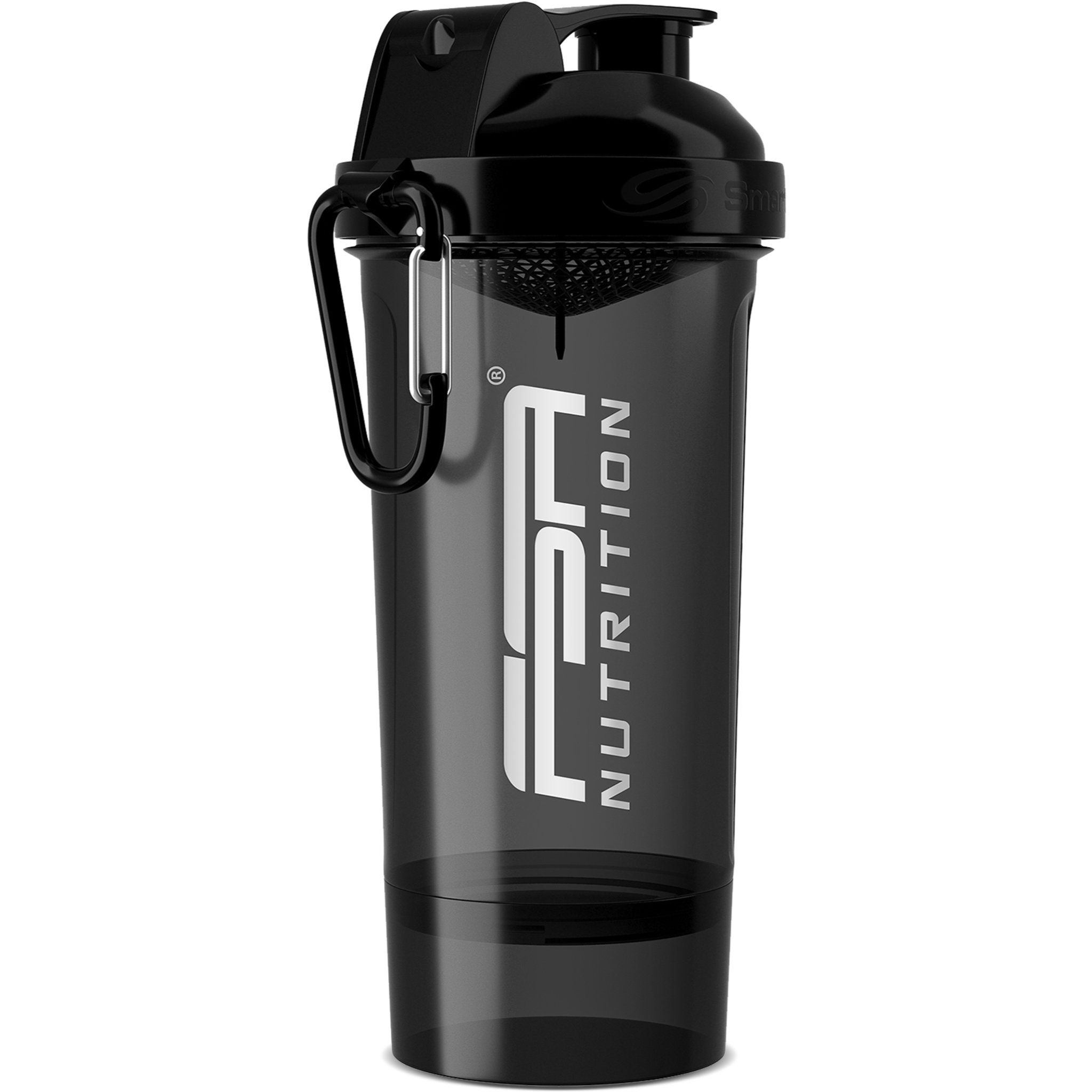 Schwarzer Shaker mit Pulverfach. FSA NUTRITION Logo. Karabinerhaken. Transparenter Behälter.