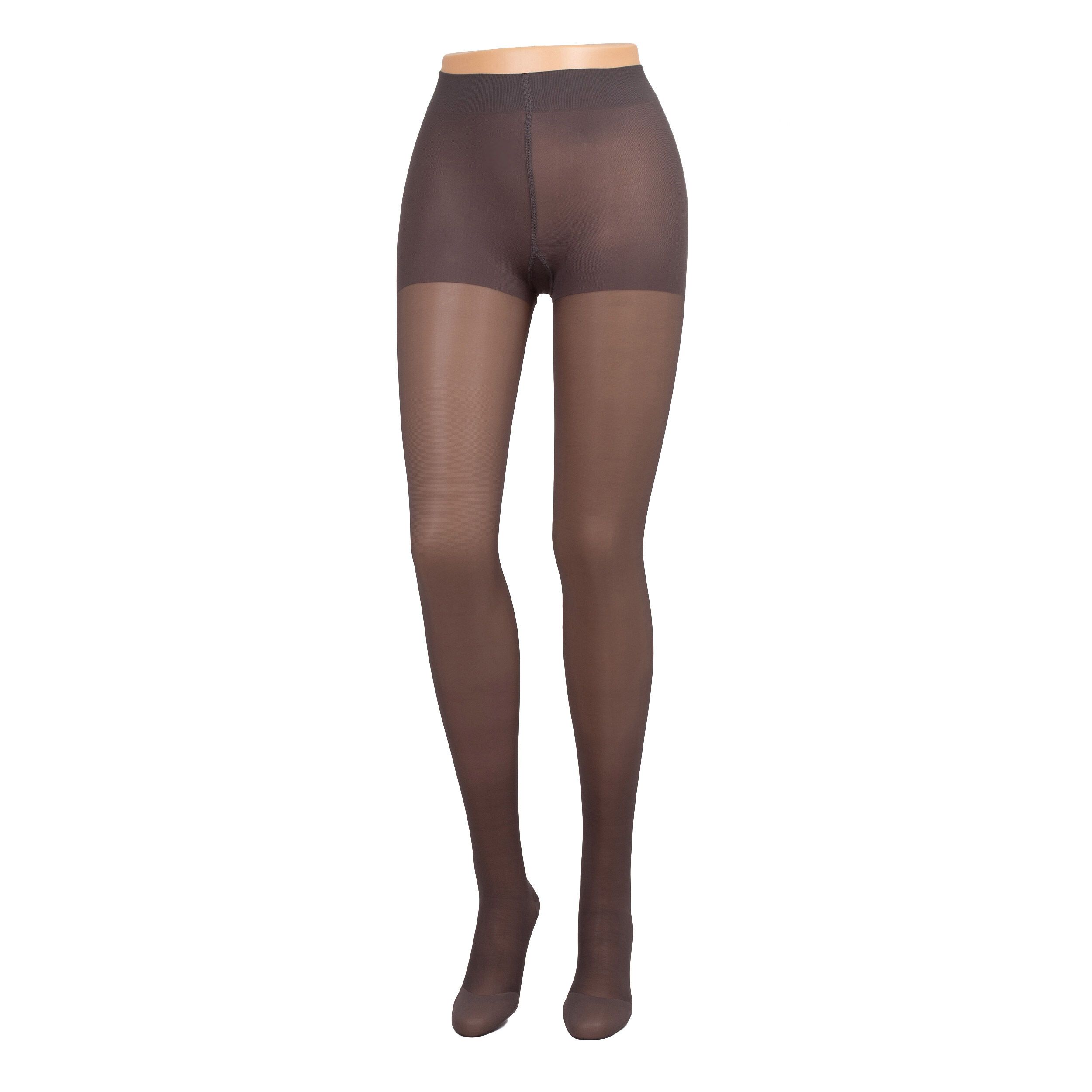 Braune transparente Kompressionsstrumpfhose an einer Schaufensterpuppe. Strumpfhose mit verstärktem Höschenteil.