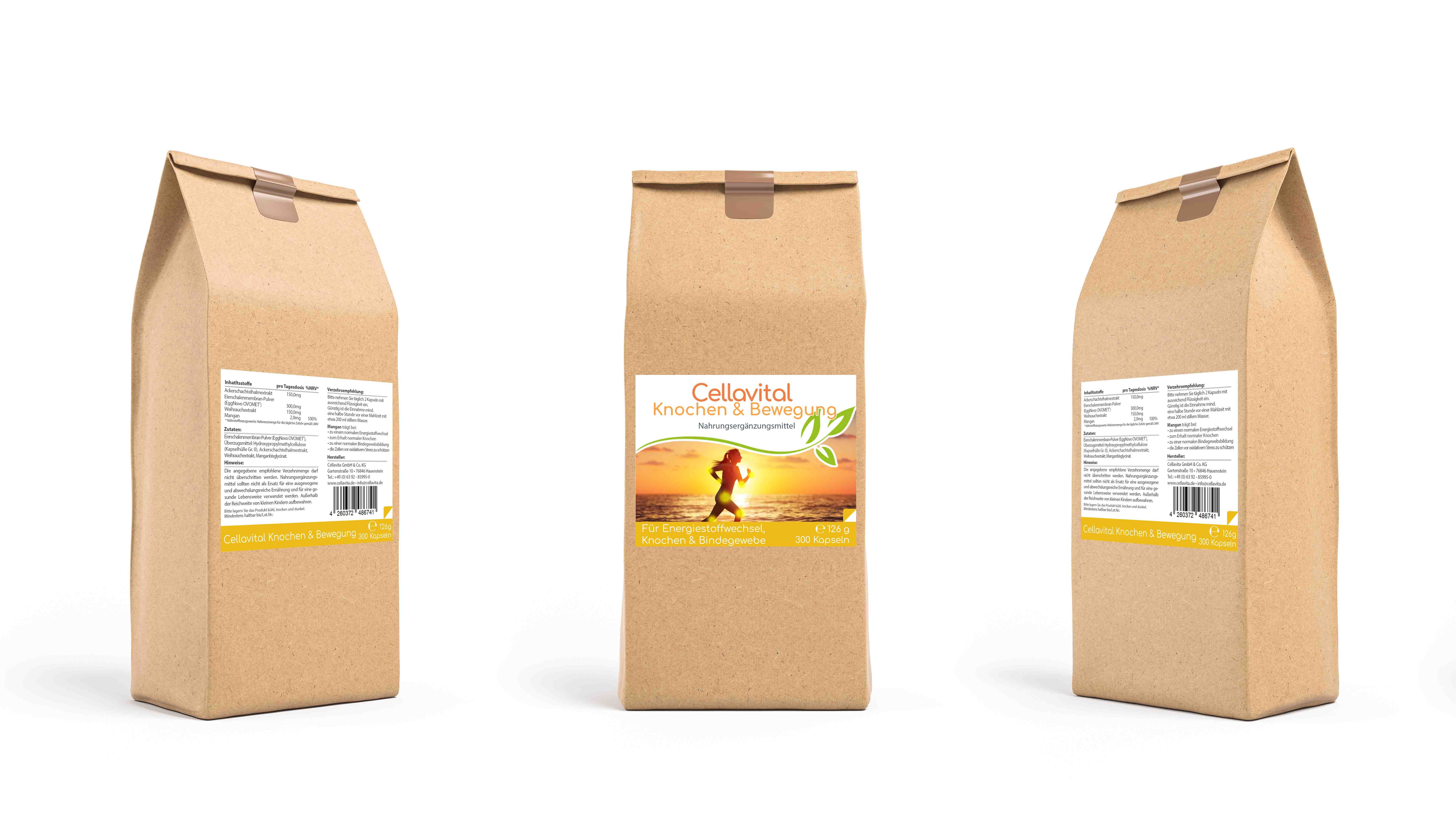 Braune Papiertüte mit Etikett, das eine Läuferin bei Sonnenuntergang zeigt. Oben steht "Cellvital".