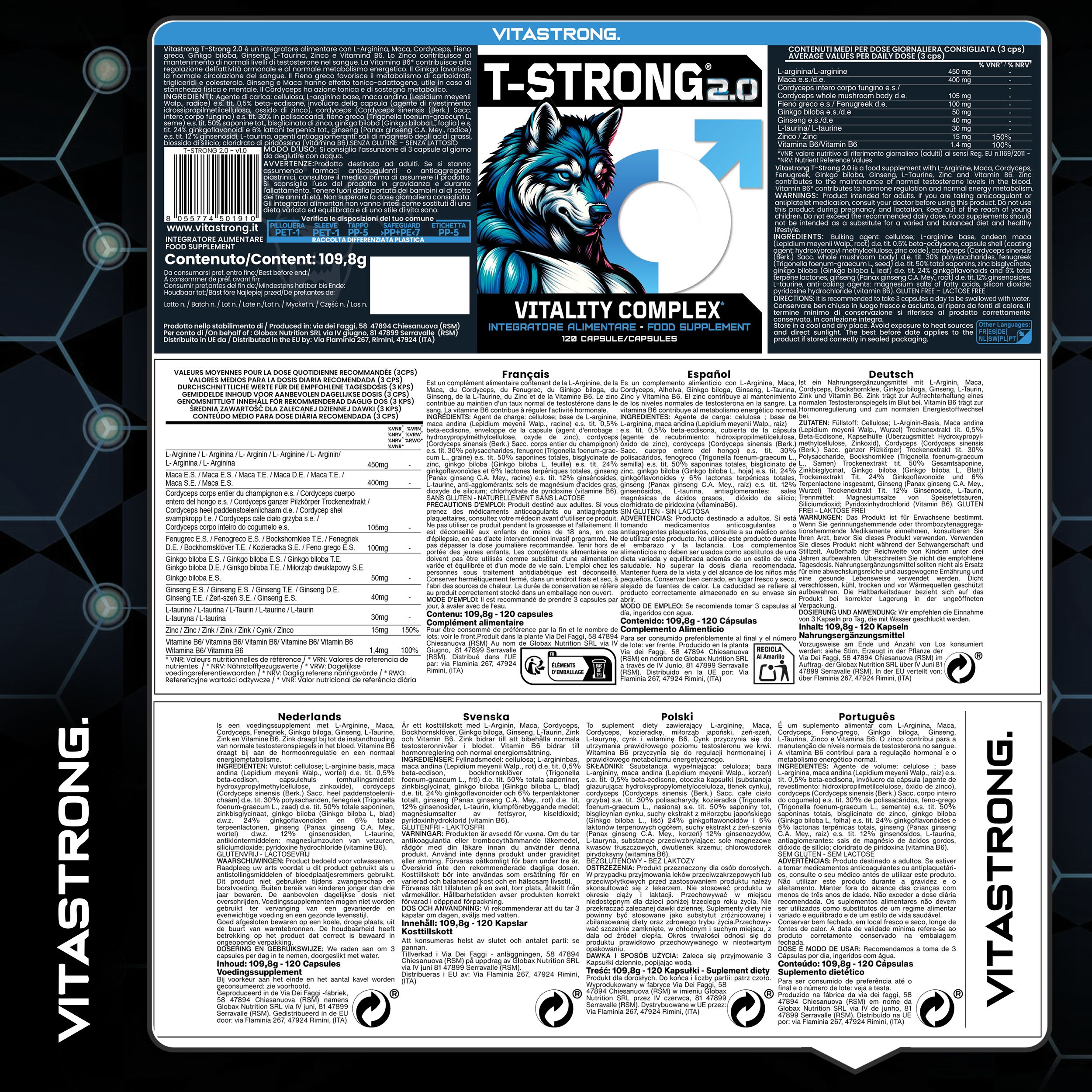 Etikett Vitastrong T-STRONG 2.0. Enthält Informationen zu Inhaltsstoffen und Nährwerten. Mehrsprachige Texte.