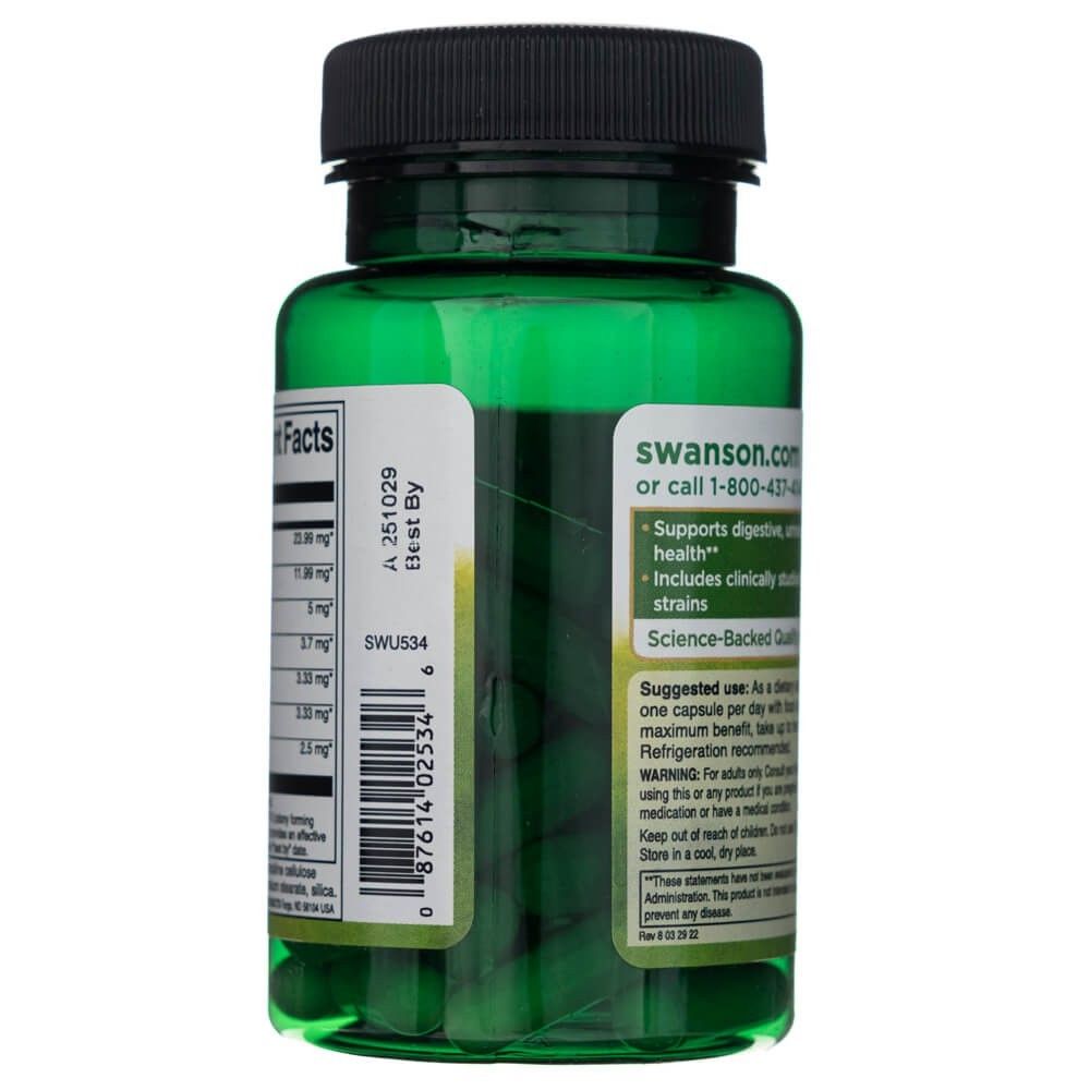 Seite der Swanson FemFlora Flasche mit Barcode und Anwendungshinweisen.