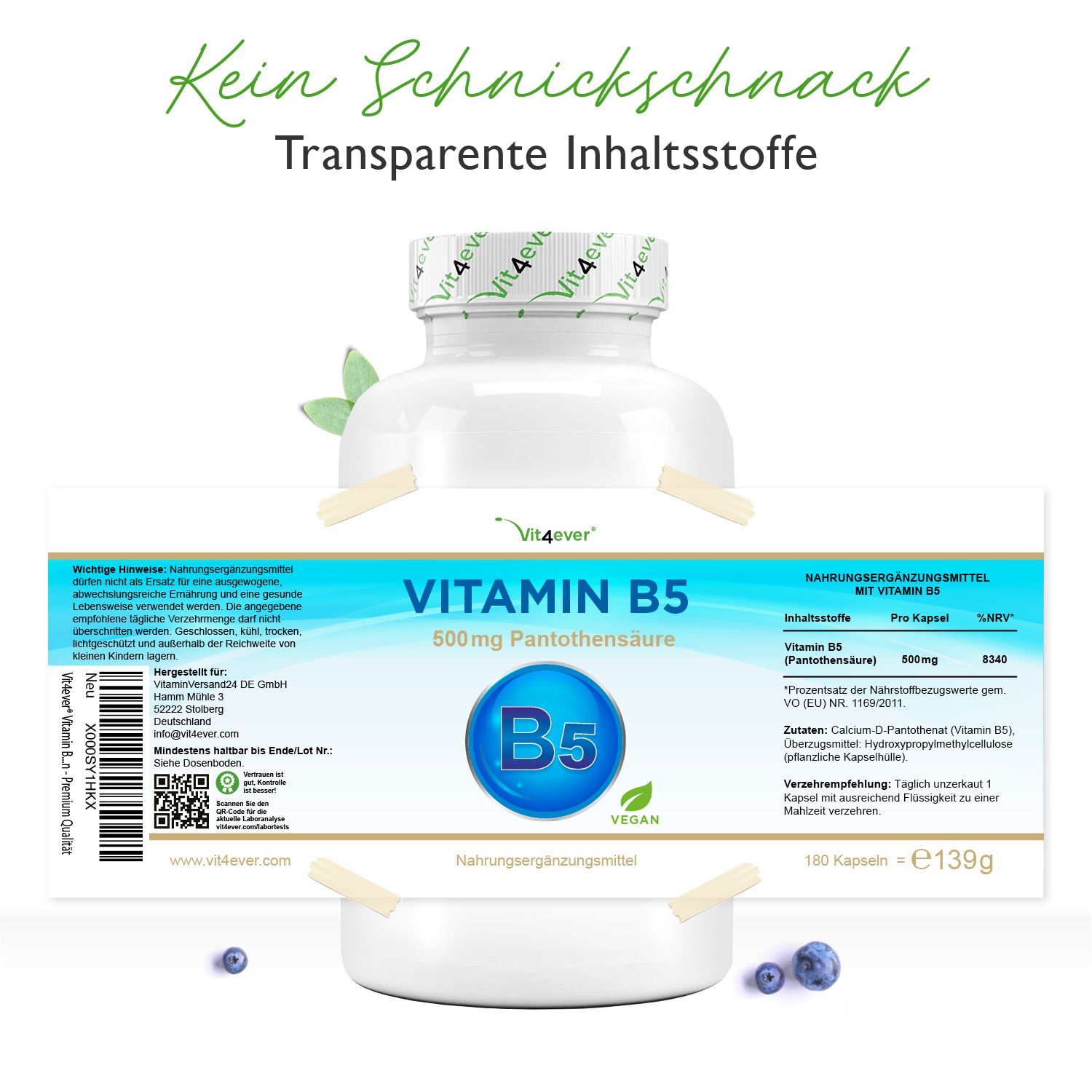vit4ever Vitamin B5 - Pantothensäure - Hochdosiert