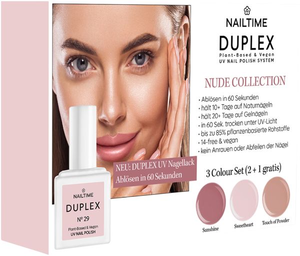Nailtime Duplex Nude Collection. Flasche Nagellack Nr. 29. Aufdruck: Plant-Based & Vegan UV Nail Polish. Hintergrund: Frau.