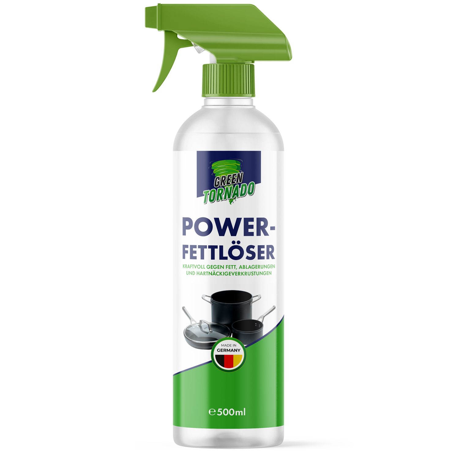 Reiniger-Sprühflasche mit grünem Sprühkopf. Aufschrift: Green Tornado Power-Fettlöser. Enthält 500ml. Hergestellt in Deutschland.