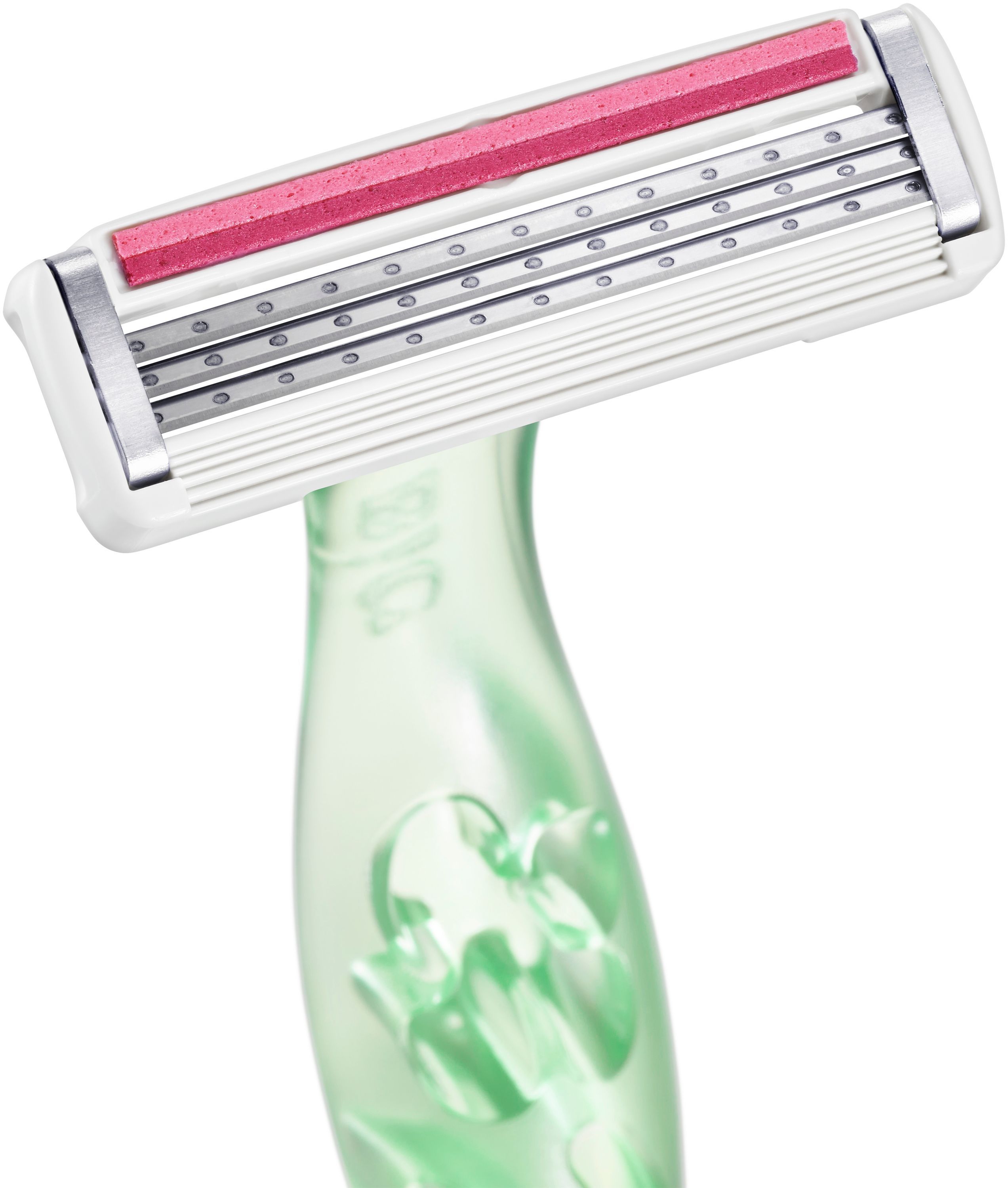Einwegrasierer mit weißem Rasierkopf, rosa Gleitstreifen und grünem Griff. Drei Klingen. Detailaufnahme.