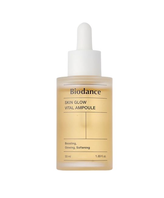 BIODANCE Skin Glow Vital Ampoule Serum in Glasflasche mit Pipettenverschluss. Gelbe Flüssigkeit, 50 ml.