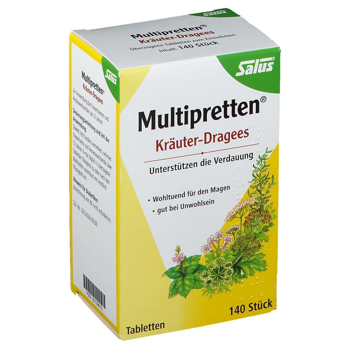 Karton mit Salus® Multipretten® Kräuter-Dragees. Aufdruck: 140 Stück, unterstützt die Verdauung.
