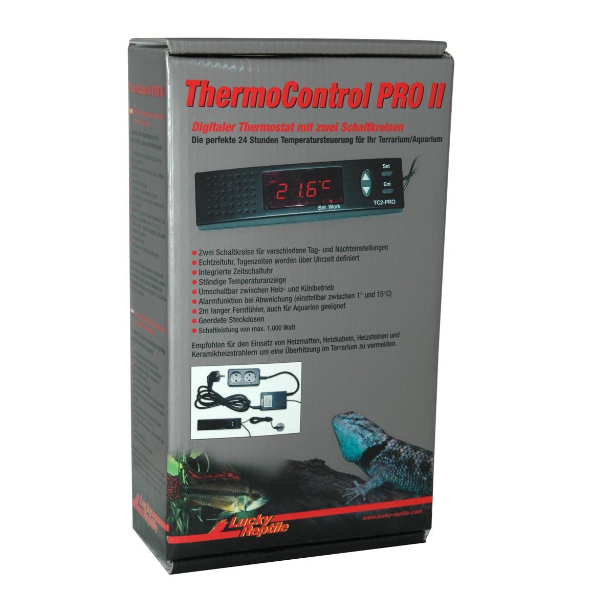 Verpackung des Lucky Reptile Thermo Control PRO II. Digitaler Thermostat mit zwei Schaltkreisen. Schwarzes Gehäuse, Display mit Temperaturanzeige.