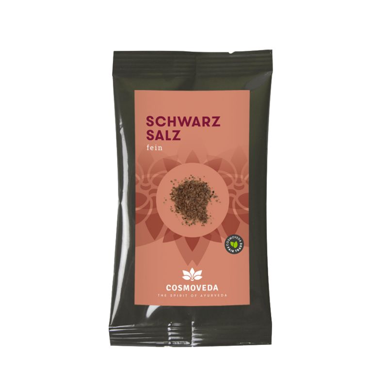 Verpackung mit schwarzem Salz. Aufschrift: SCHWARZ SALZ fein. Marke: Cosmoveda. Mit Siegel.