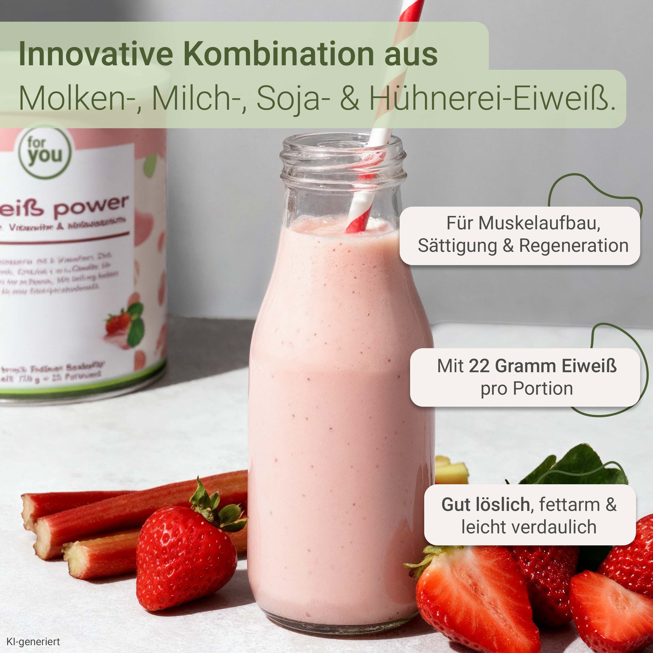 Erdbeer-Rhabarber-Shake in Glasflasche mit Strohhalm, daneben Erdbeeren und Rhabarber. Dose mit "weiß power" Aufschrift im Hintergrund.