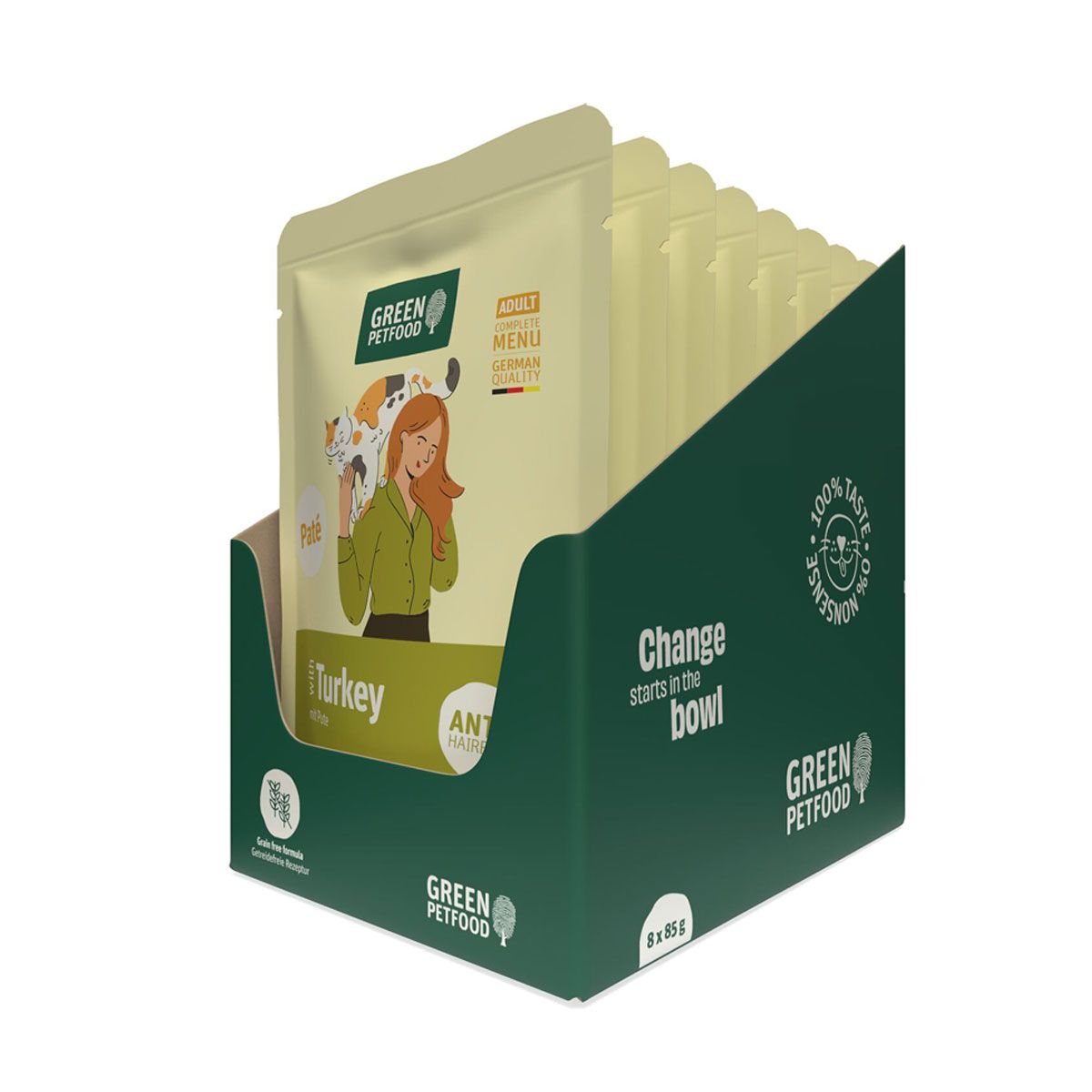 Green Petfood Katzenfutter Paté mit Truthahn im 8er-Pack.