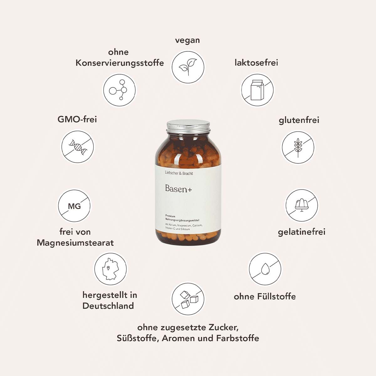 Produkt "Basen+" umgeben von Icons: vegan, glutenfrei, ohne Zucker, etc. Braune Flasche mit silbernem Deckel.