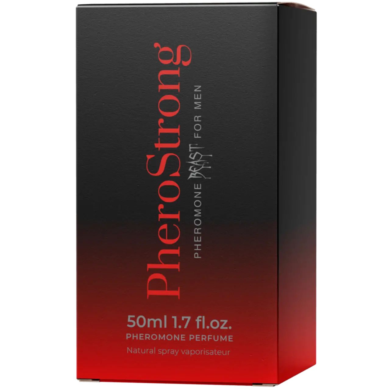 Schachtel. Schwarz mit rotem Farbverlauf. Aufschrift PheroStrong, Beast for Men. 50ml.