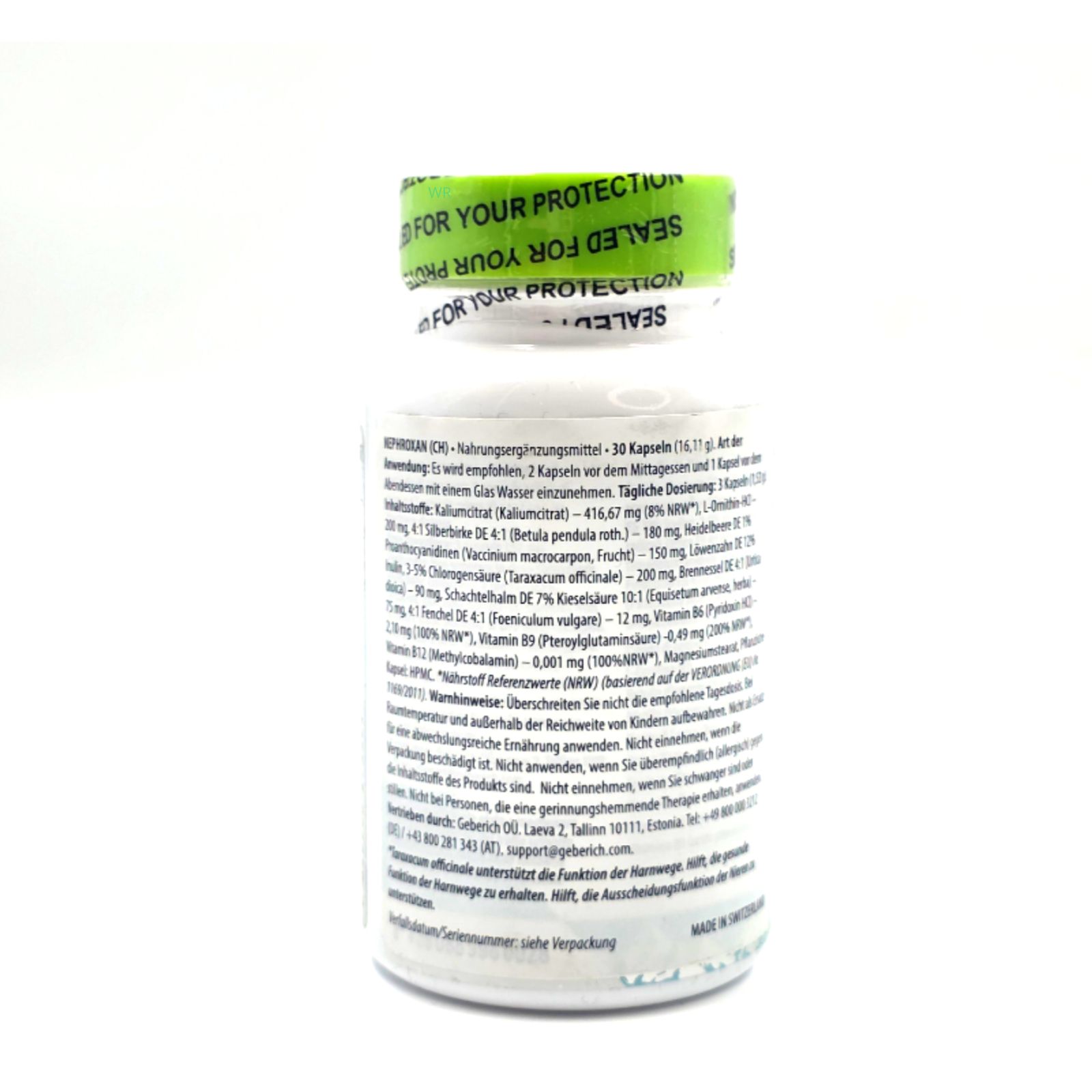 Rückansicht des weißen Fläschchens. Aufschrift: NephroXan, 30 Kapseln. Text mit Nährwertangaben und Gebrauchsanweisung. Siegel: Sealed.
